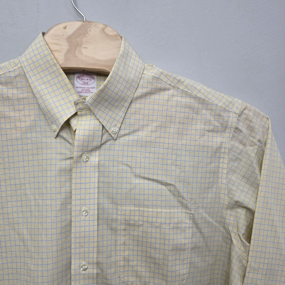 Brooks Brothers 346 Mens Yellow Blue Micro Check Non-Iron Shirt 16.5 34/35 - Picture 2 of 7